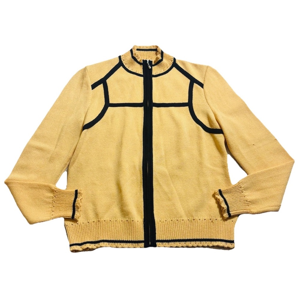 VTG  St John Sport Yellow Black Cardigan Sweater Sz S Full Zip Wool Santana Knit